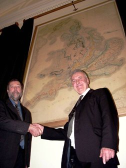 Mr Nigel Press (left) and Dr Richard Fortey FRS (President) unveiled the restored Smith and Greenough geological maps at a reception at Burlington House on February 1.